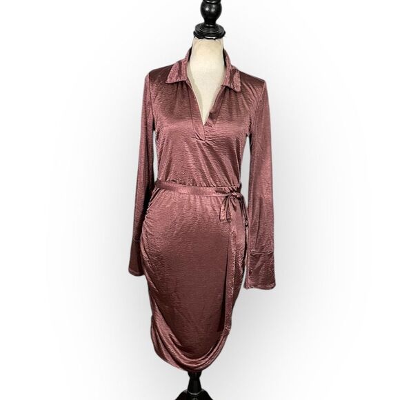 Louna Ruched Dress Women's Large Brown Jersey Knee Length Long Sleeve V-Neck RTR - Picture 3 of 14